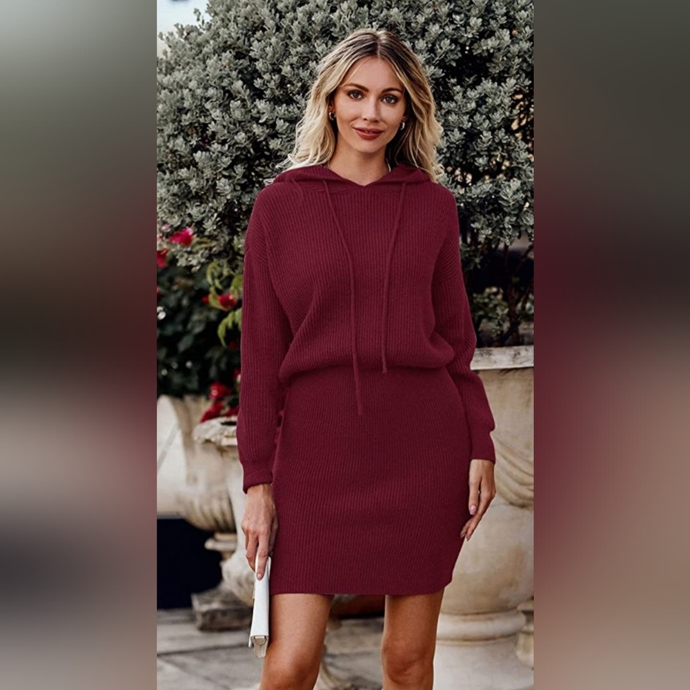 Womens Hooded Ribbed Knit Sweater Dress